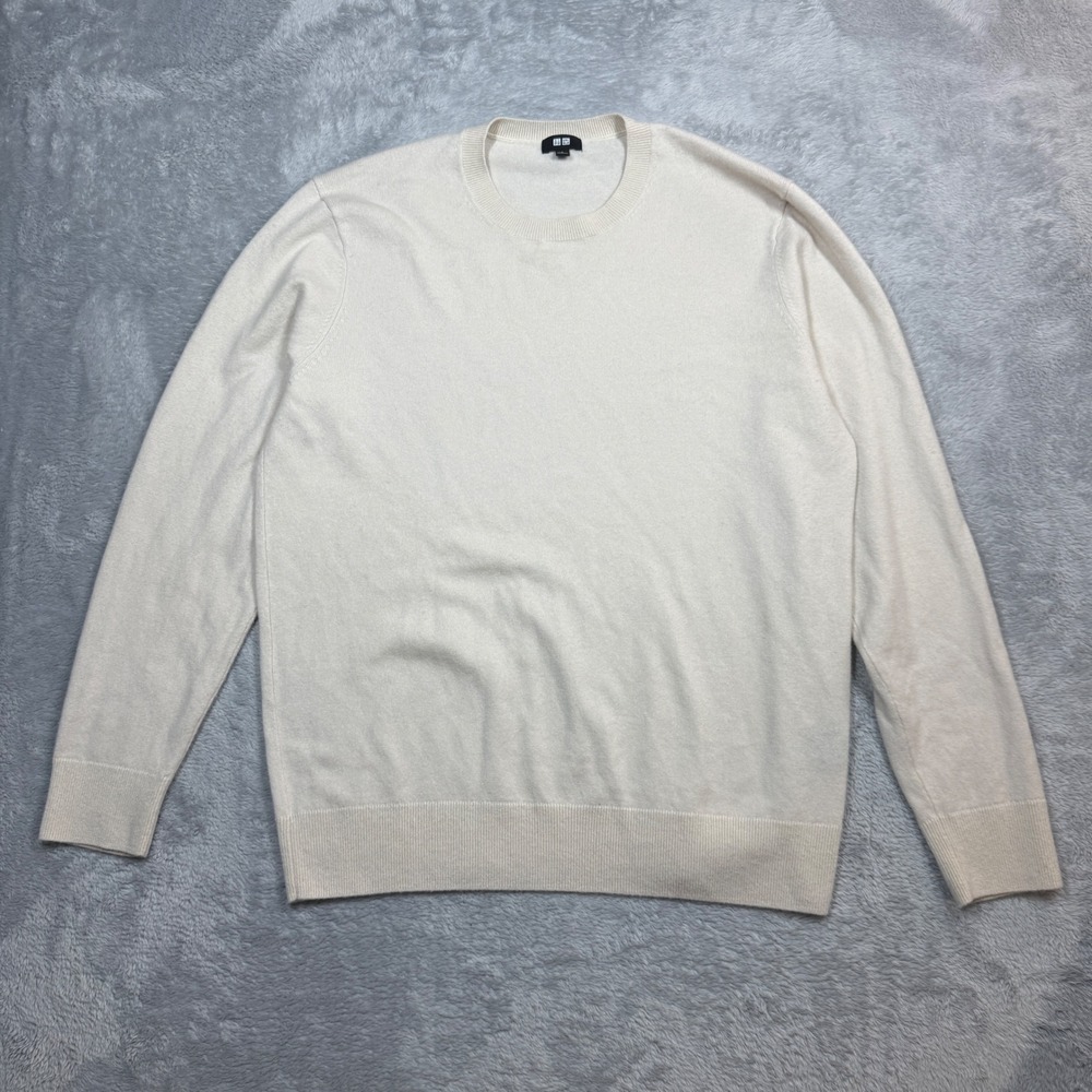 Uniqlo Crewneck Sweater Mens L Cream Cashmere Blend Long Sleeve Pullover Y2K